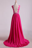 V Neck Tulle&Lace Back A Line Exquisite Chiffon Beading Prom Dress