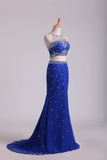 Two-Piece Scoop Mermaid Prom Dresses With Beading Lace Dark Royal Blue