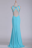 Sexy Open Back Scoop With Beads And Slit Prom Dresses Spandex Sheath