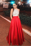 Beautiful Halter Beading Long A-Line Red Open Back Prom Dresses With Pockets