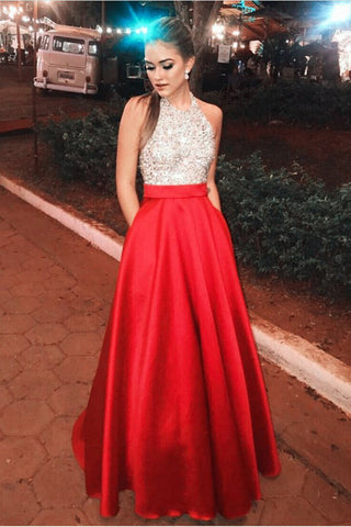 Beautiful Halter Beading Long A-Line Red Open Back Prom Dresses With Pockets