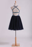 Open Back Halter Homecoming Dresses A-Line Short/Mini Beaded Bodice Tulle