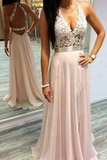 Sexy Pink Prom Dresses Halter V-Neck Lace Sleeveless Open Back Chiffon Evening Gowns JS648