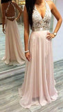 Sexy Pink Prom Dresses Halter V-Neck Lace Sleeveless Open Back Chiffon Evening Gowns JS648