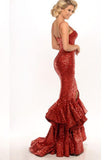 Spaghetti Straps Red Sequin Long Mermaid Front Slit Sparkle Long Prom Dresses JS520