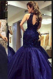 Hot Prom Dresses Mermaid Tulle With Applique And Beadings Zipper Up Scoop Neck