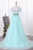 New Arrival A Line Boat Neck Tulle Prom Dresses With Handmade Flowers And Beads