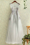 Tulle With Applique A Line Prom Dresses Scoop Lace Up