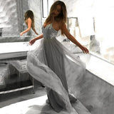 Flowy A Line Spaghetti Straps Grey Tulle Long Prom Dresses Cheap Dance Dresses SJS15228