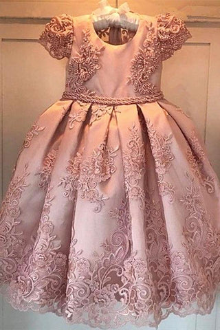Princess Ball Gown Round Neck Pink Beads Flower Girl Dresses with Appliques SJS15587