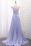One Shoulder A Line Satin Prom Dresses With Handmade Flowers And Slit