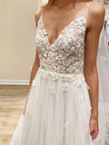 Elegant A line Spaghetti Straps V Neck Tulle Wedding Dresses, Wedding SJS15639