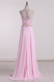 Two-Piece Scoop Prom Dresses Beaded Bodice Chiffon A Line