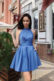 Simple A Line Halter Open Back Satin Blue Short Homecoming Dresses with Pockets JS945