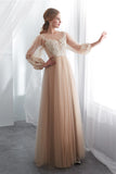 Long Sleeves A Line Scoop Tulle Prom Dresses Lace Evening Dresses