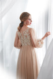 Long Sleeves A Line Scoop Tulle Prom Dresses Lace Evening Dresses