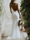 Backless Mermaid Spaghetti Straps Lace Backless Wedding Dresses Beach Bridal Dresses SJS15056