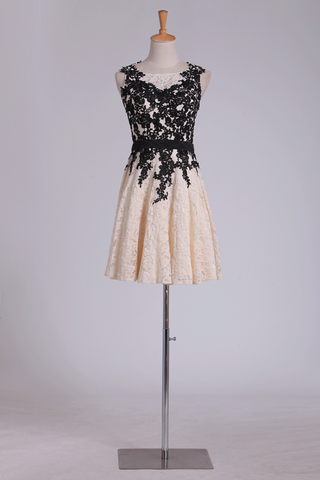 Homecoming Dresses Scoop A Line Short With Applique & Sash Lace