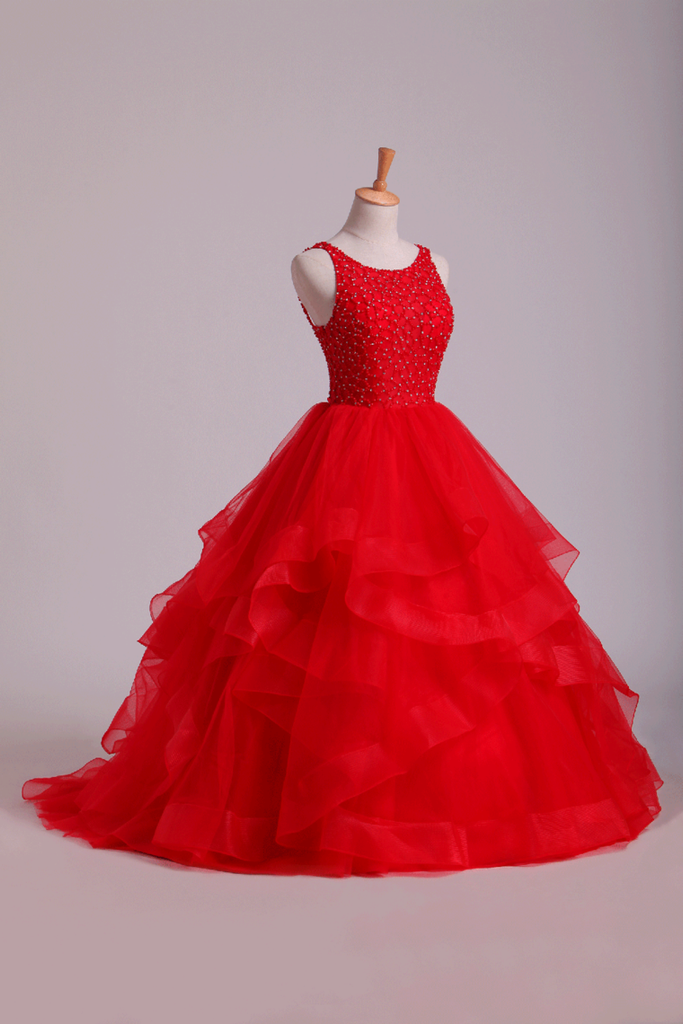 Red Scoop Ball Gown Tulle Floor Length With Beading