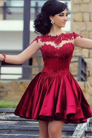 Short Ball Gown High Neckline with Long Sleeves Lace Dark Wine Red Backless Lace Prom Dress JS24