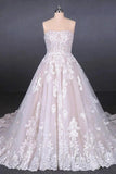 Ball Gown Strapless Wedding Dresses with Lace Applique, Lace Up Bridal Dress SJS15071
