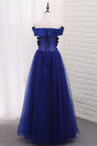 A Line Boat Neck Tulle Prom Dresses With Applique Floor Length