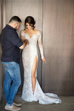 Scoop Long Sleeves Lace With Slit Wedding Dresses Chapel Train Detachable