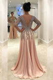 V Neck Long Sleeves Prom Dresses A Line Chiffon With Beads And Slit