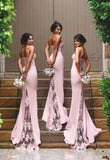 Mermaid Spaghetti Straps Satin Long Bridesmaid Dresses with Lace Appliques