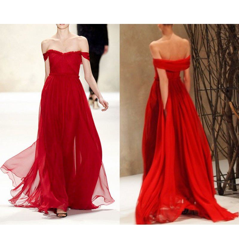 Charming A-Line Off-the-Shoulder Floor Length Red Prom/Evening Dress with Ruched JS866