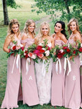 Dusty Pink Chiffon Sheath Off Shoulder Long Bridesmaid Dresses, Wedding Party Dresses SJS15141