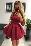 Cute Off the Shoulder Long Sleeves Burgundy Lace Homecoming Dresses Sweet 16 Dresses SJS14972