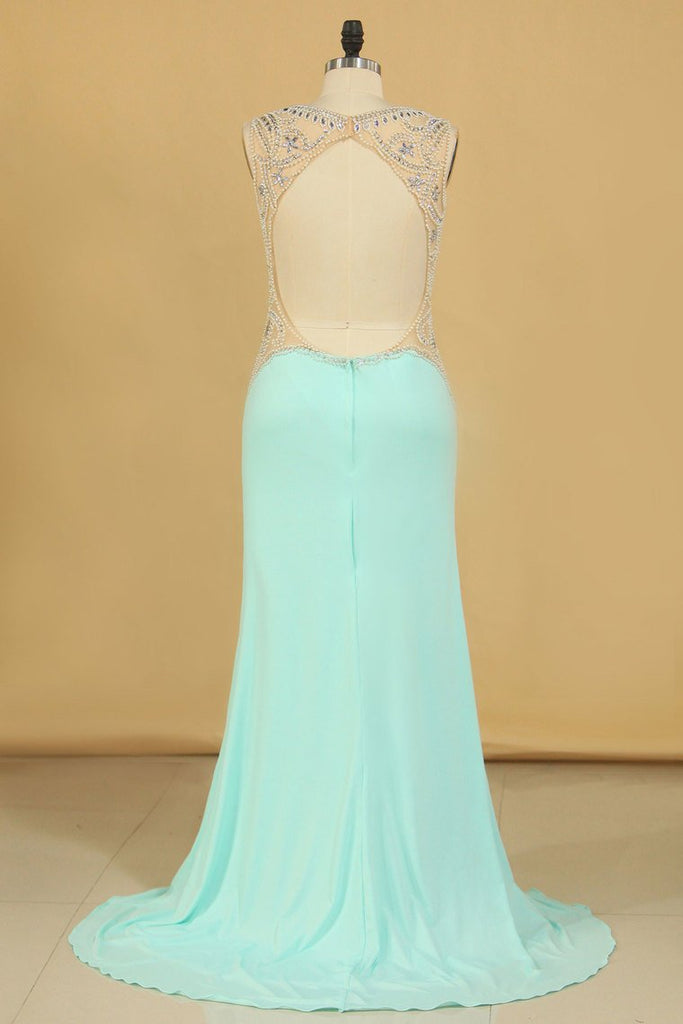 Spandex Prom Dresses V Neck Open Back With Beading Sweep Train