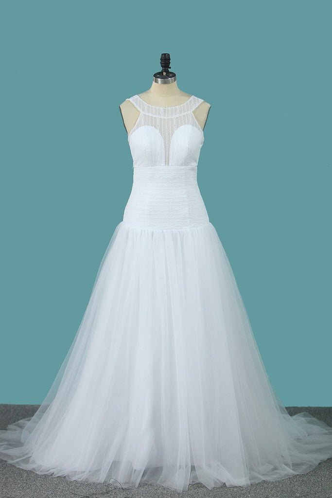 A Line Tulle & Lace Wedding Dresses Scoop Sweep Train New Arrival