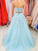 Appliques Two Pieces Light Blue Tulle Lace Formal A Line Evening Dresses Long Prom Dresses
