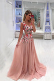 Straps Tulle A Line With Applique Prom Dresses Sweep Train