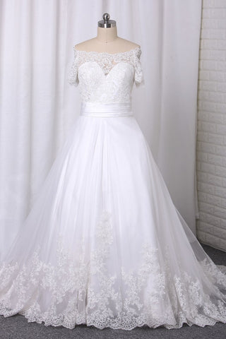 A Line Boat Neck Wedding Dresses Short Sleeves Tulle With Applique Chapel Train