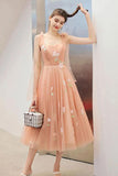 Cute Tea Length A Line Pink Short Prom Dress Sweet 16 Dresses with Hand Made Flower SJS15138