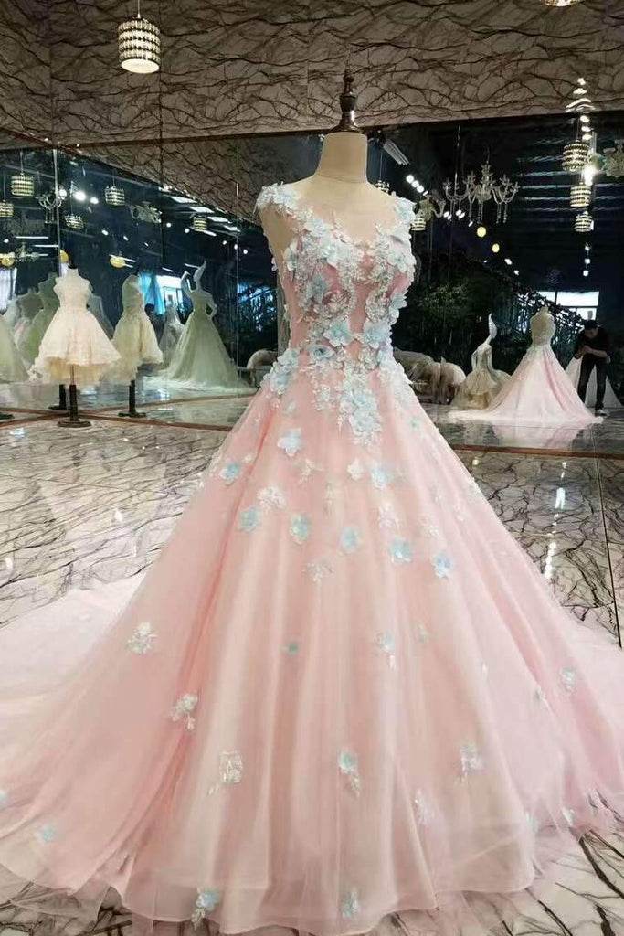Low Price Floral Prom Dresses Pink Color With Handmade Flowers And Beads