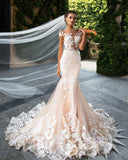 Mermaid Light Pink Lace Appliques Wedding Dresses Short Sleeve Bridal Dress