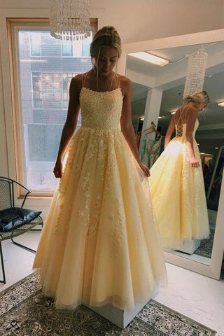 A Line Yellow Tulle Prom Dresses with Lace Appliques, Criss Cross Straps Formal Dresses SJS15047