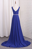 V Neck Bridesmaid Dresses A Line Chiffon With Beads And Slit