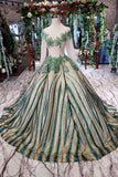 Prom Dresses Scoop Long Sleeves Lace Up Back Sequins Sweep Train