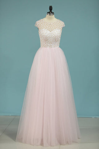 Scoop Prom Dresses A Line Tulle With Beading Floor Length