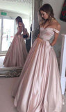Pearl Pink A-line Off the Shoulder Sweetheart with Pockets Long Senior Prom Dresses JS769