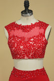 Red Two-Piece Scoop Sheath With Applique And Beads Spandex Prom Dresses