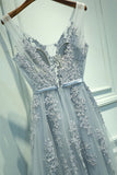 Elegant Light Blue V Neck Tulle With Lace Appliques Floor Length Prom Dresses