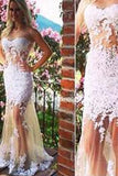 Generous Prom Dress Champagne Tulle Backless with whiter Lace appliques Evening Dress JS841