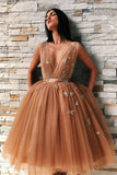 Ball Gown Tulle V Neck Homecoming Dresses with Appliques, Short Prom SJS15620