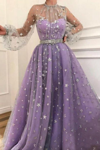 Prom Dress Long Sleeve Satin Lace A-Line Floor Length With Belt